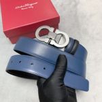 1:1 Ferragamo  Blue&Black Leather Belt  with Silver Logo buckle Plate  Buckle 3.5cm